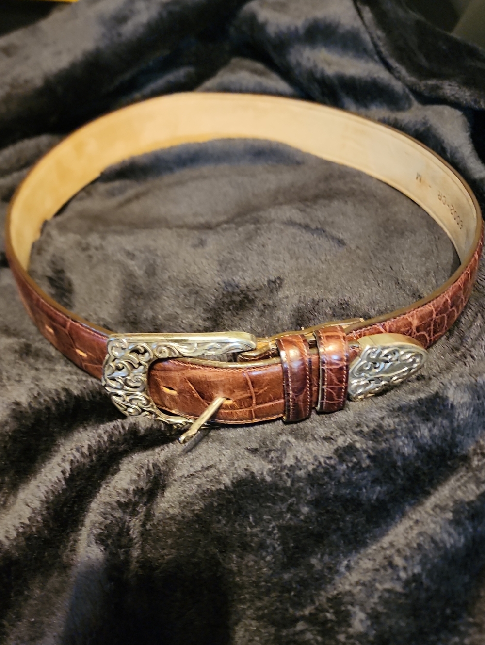 Brown Croc-Embossed Leather Belt with Ornate Silver Buckle